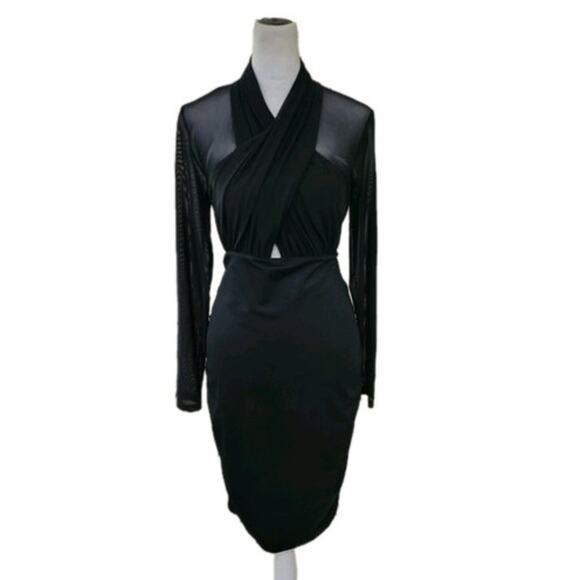 Bardot Allure Wrap Bodycon Dress Women's Size 8 Black‎ Sheer Sleeve Cut Out - Picture 1 of 15